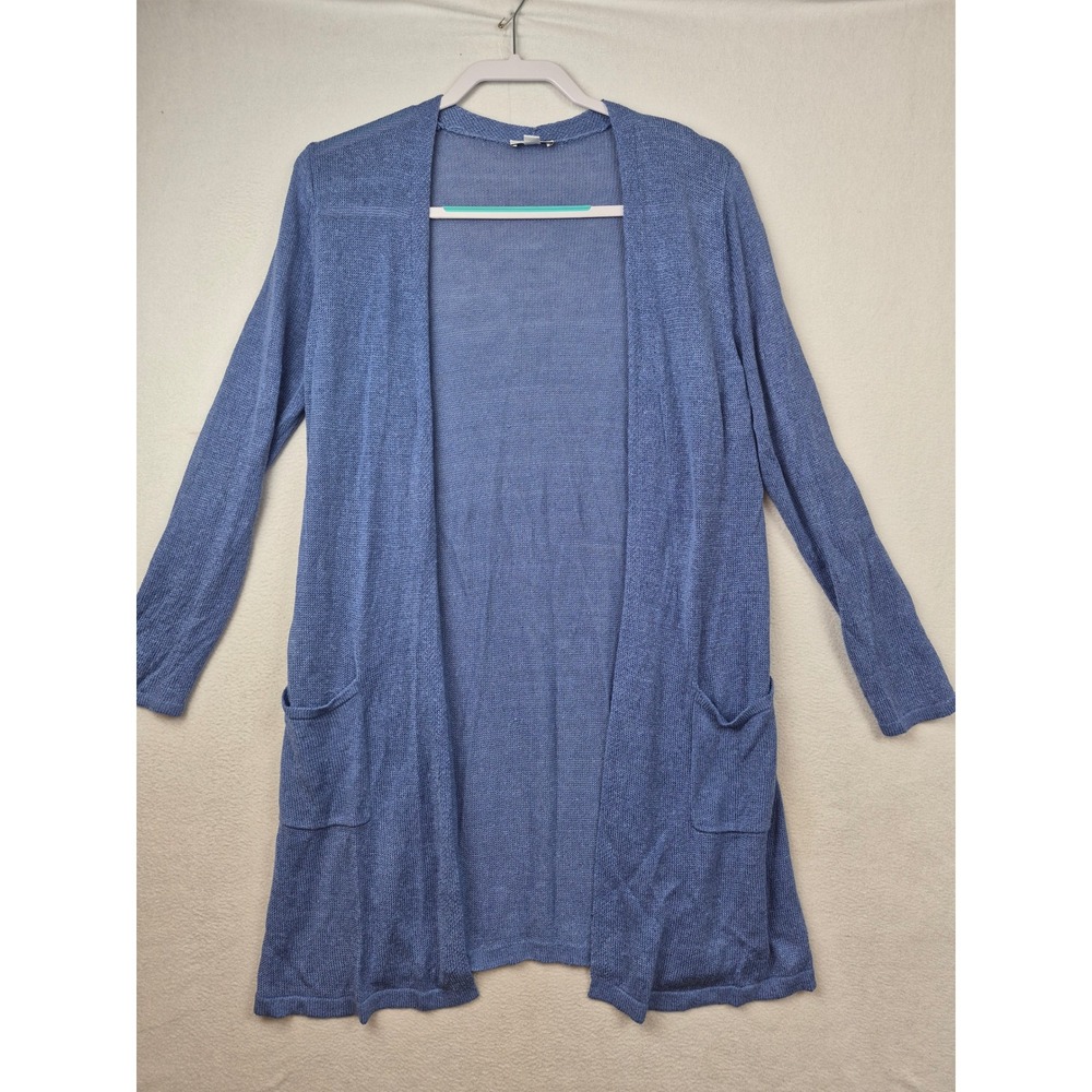 J. Jill Blue Linen Blend Open Front Longline Cardigan Sweater Pockets Size M